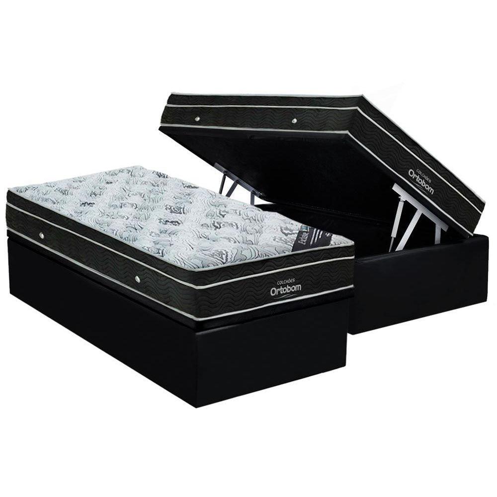 Cama Box Bau Solteiro Colchao Molas Bonnel Ortobom Nanolastic Exclusive Base Courano Black 88x188