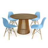 Conjunto Mesa De Jantar Redonda Luana Amadeirada Natural 120cm Com 4 Cadeiras Eames Eiffel - Azul Claro