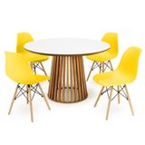 Conjunto Mesa De Jantar Redonda Luana Amadeirada Branca 120cm Com 4 Cadeiras Eames Eiffel - Amarelo