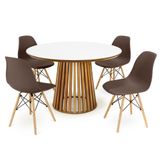 Conjunto Mesa De Jantar Redonda Luana Amadeirada Branca 120cm Com 4 Cadeiras Eames Eiffel - Marrom