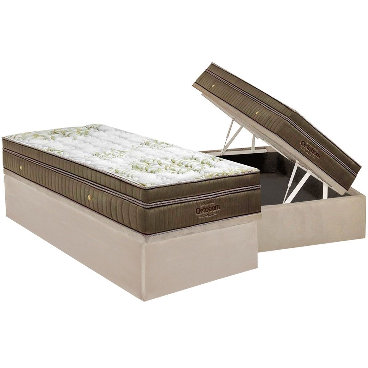 Cama Box Bau Solteiro Colchao Molas Ortobom Superpocket Gold Visco Ultragel Pilow Touch Base Crc Suede Clean 88x188