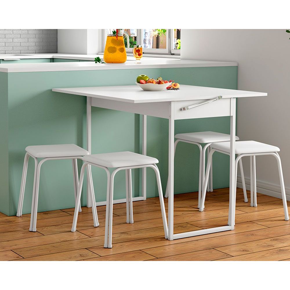 Conjunto Mesa De Cozinha 1590 Extensivel 4 Banquetas Branco Carraro