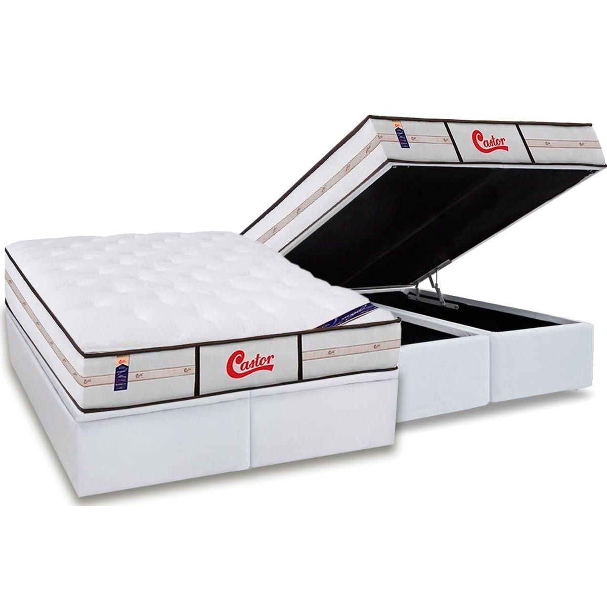 Cama Box Bau King Colchao Molas Castor Pocket Gold Star Vitagel Class Double Face Base Crc Courano White 193x203