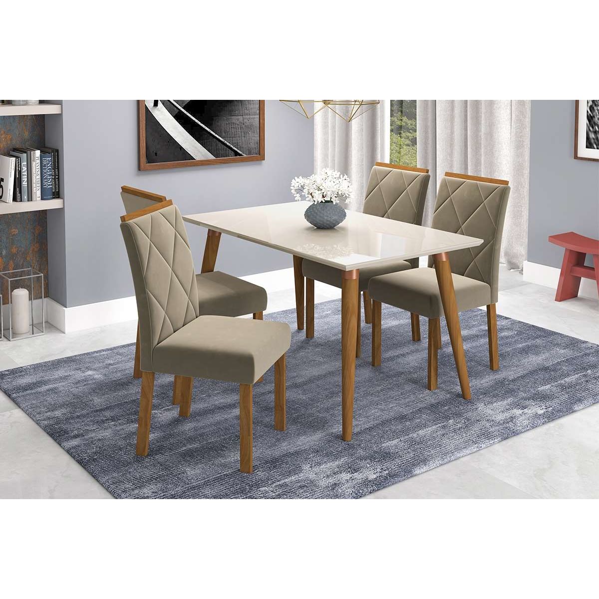 Conjunto Mesa Sala Jantar Adele C Tampo Madeirado 130cm 4 Cadeiras Fernanda Madeira Ow Joli Cimol
