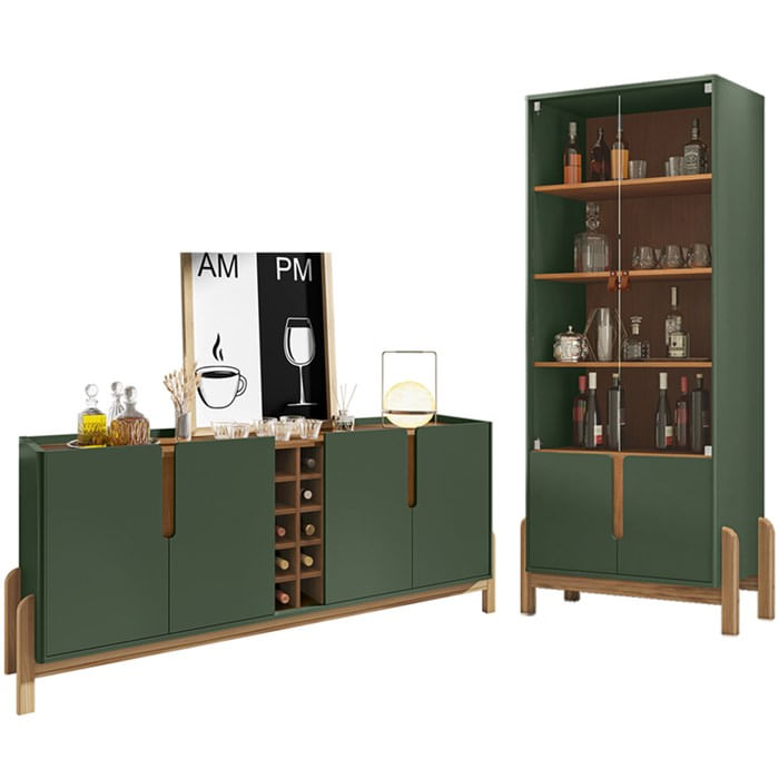 Buffet 190cm Adega 050520 E Cristaleira 4 Portas 50519 Verde Oliva Cedro Dcasa