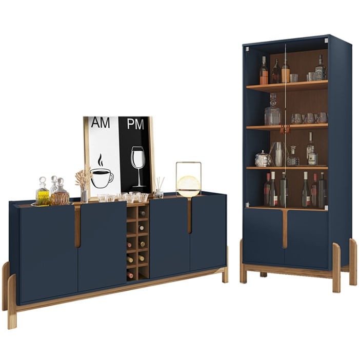 Buffet 190cm Adega 050520 E Cristaleira 4 Portas 50519 Azul Cobalto Cedro Dcasa