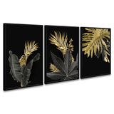 Quadro 60x120cm Folhas Douradas Hostoa Moldura Preta com Vidro