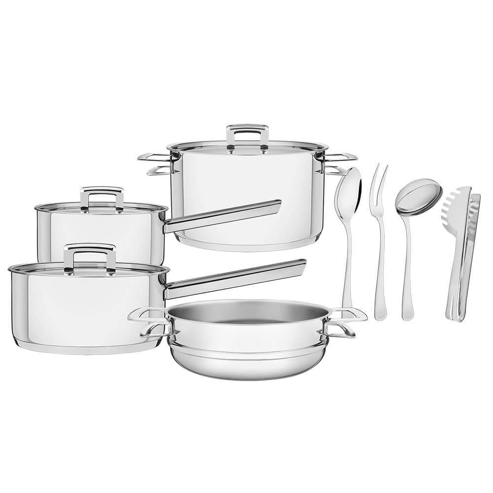 Jogo De Panelas Tramontina Brava Aço Inox Fundo Triplo 4 Peças + Kit De Utensílios 4 Peças 65400280