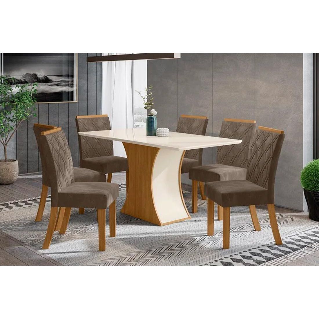 Conjunto Mesa Sala Jantar Luiza C Tampo Madeirado C Vidro Canto Reto 160cm 6 Cadeiras Vita Nature Veludo Light Bege Vanilla Henn