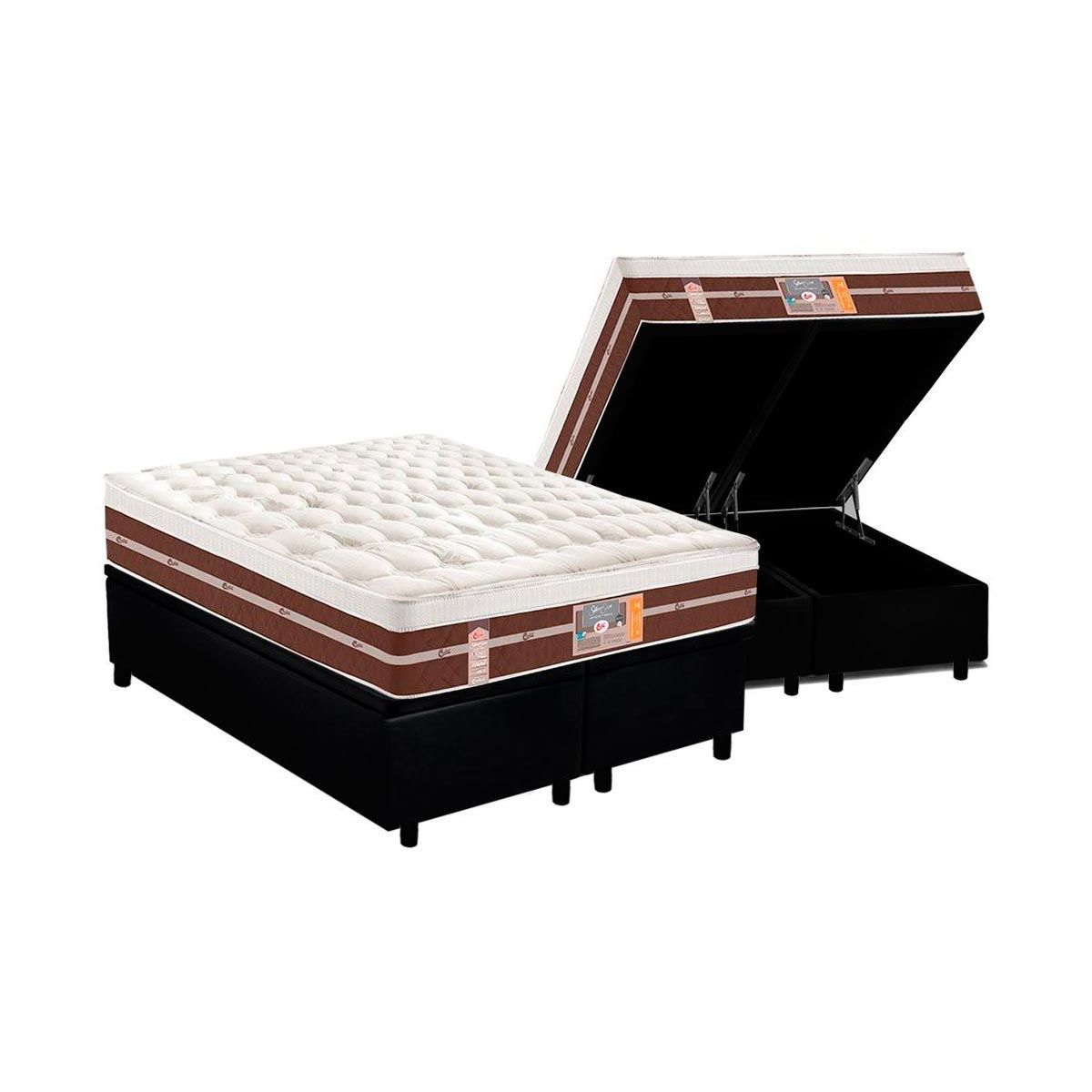 Cama Box Bau Queen Colchao Molas Pocket Ensacadas Castor Silver Star Air Hibrido Base Crc Courano Black 158x198