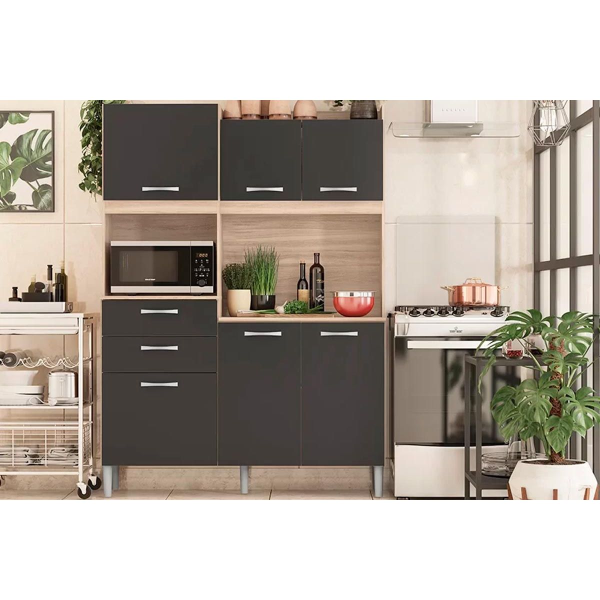 Cozinha Compacta Harmonia C 6 Portas E 2 Gavetas Avena Grafito Demobile