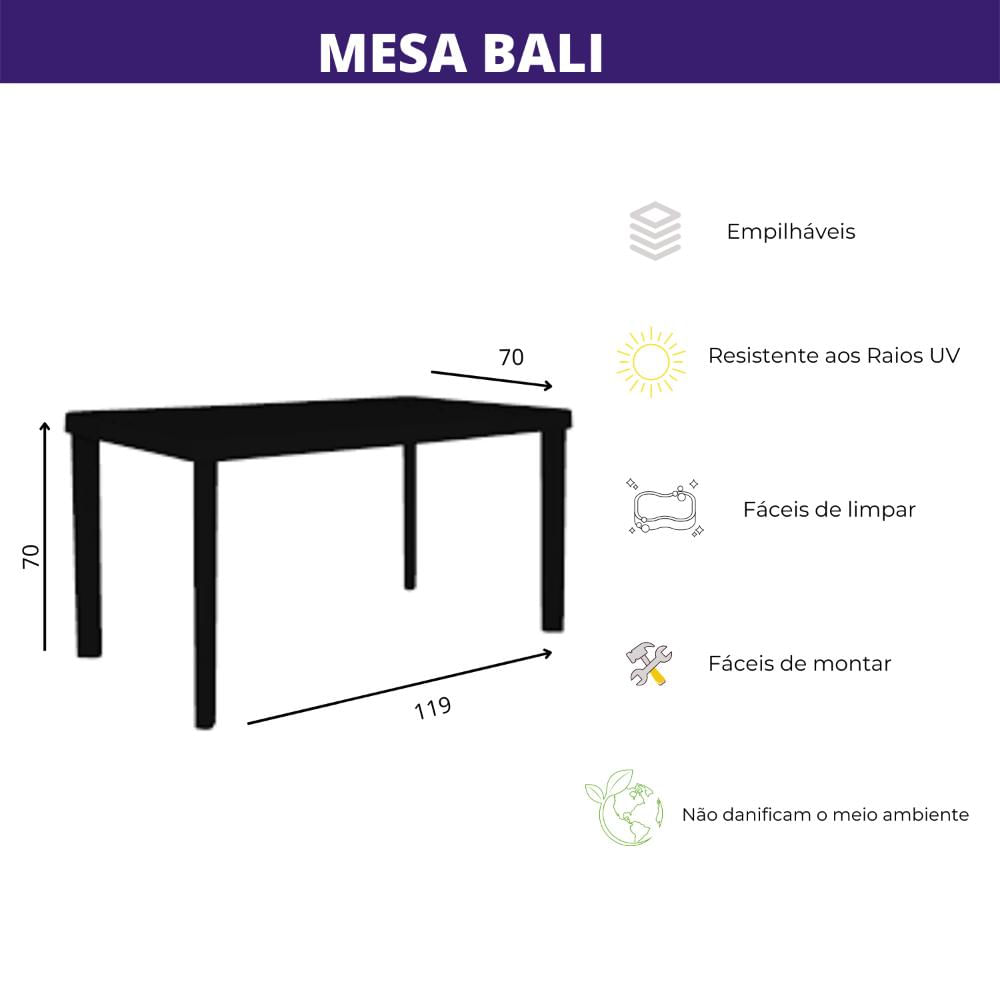 Mesa De Plástico Retangular Preta Bali Desmontável 120x70cm