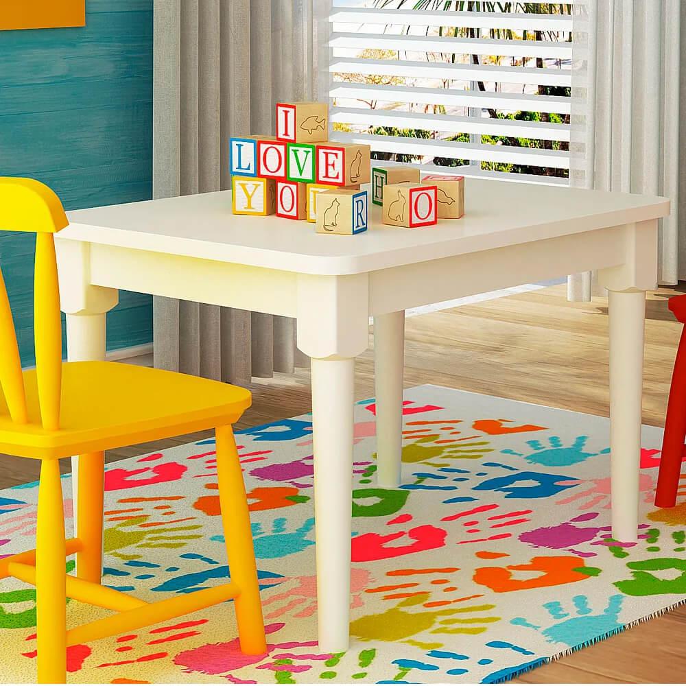 Mesa Infantil Em Madeira Maciça - Acabamento Em Laca Branco Fosco
