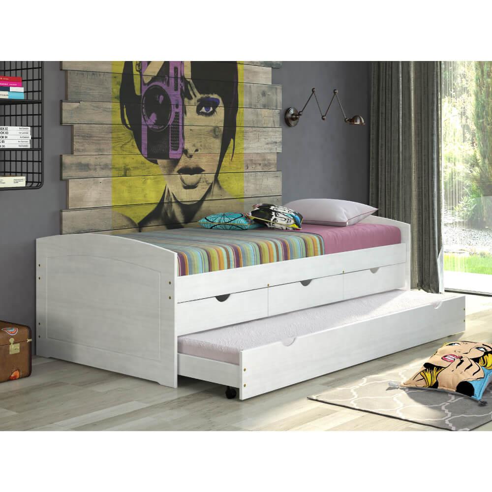 Bicama Aspen Com 3 Gavetas - Madeira Maciça Branco Lavado