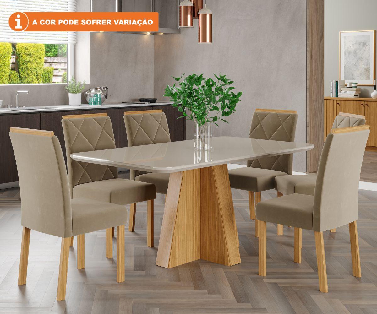 Conjunto Sala De Jantar Maite 160x80 Tampo Mdf/vidro 6 Cadeiras Fernanda Cimol Nature/offwhite/joli