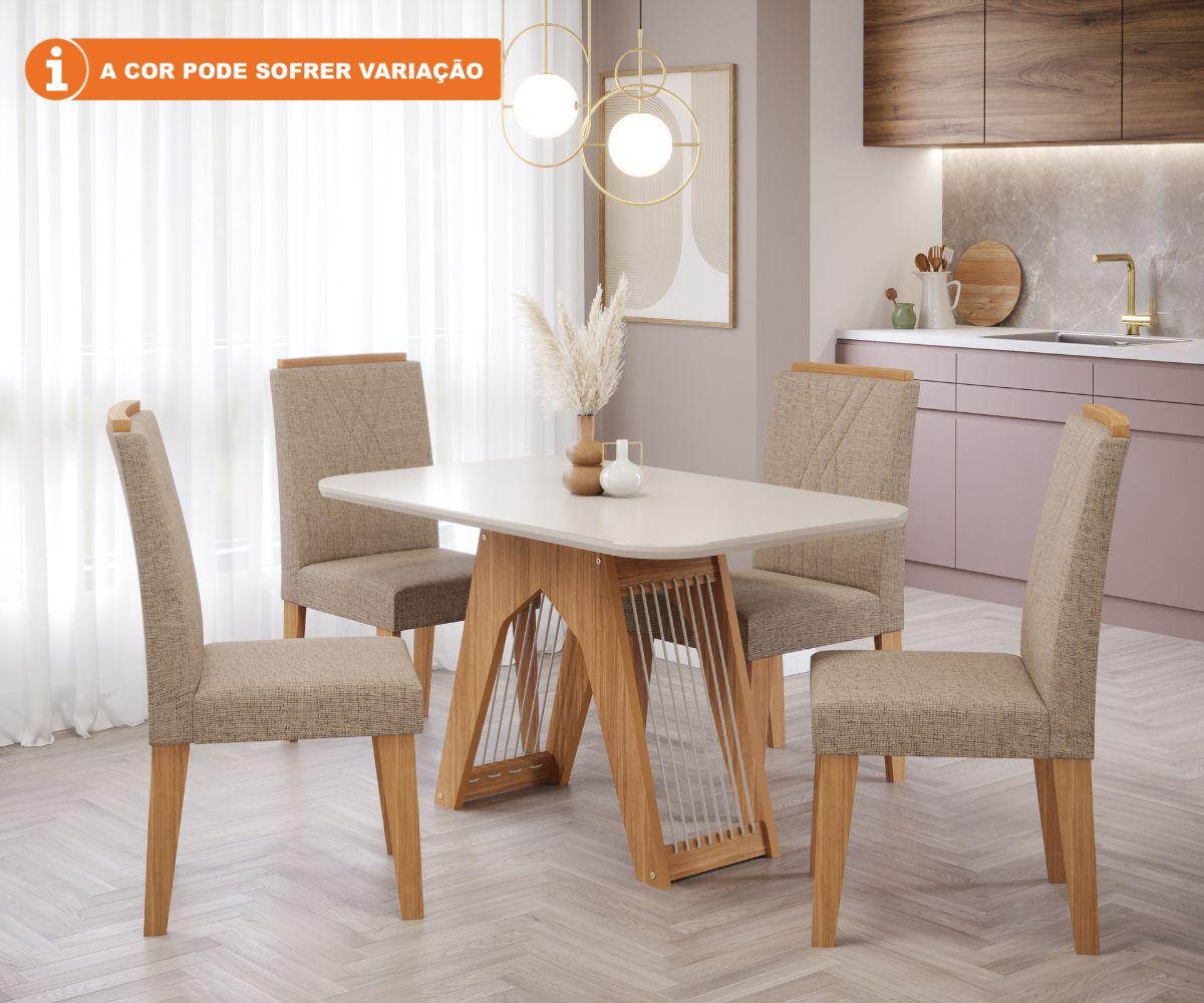 Conjunto Sala De Jantar Carol 130x80 Tampo Mdf/vidro 4 Cadeiras Nicole Cimol Nature/offwhite/linho Bege