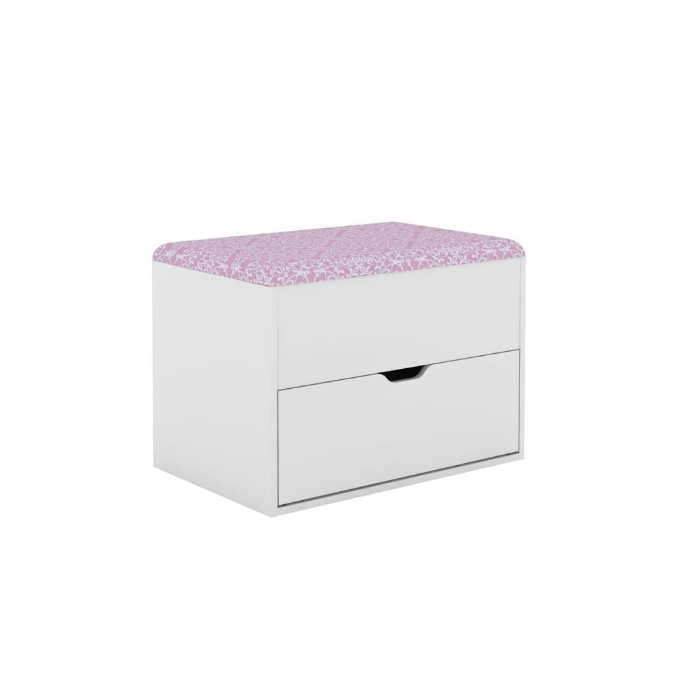 Puff Baú Com 1 Gaveta - Branco/tecido Rosa