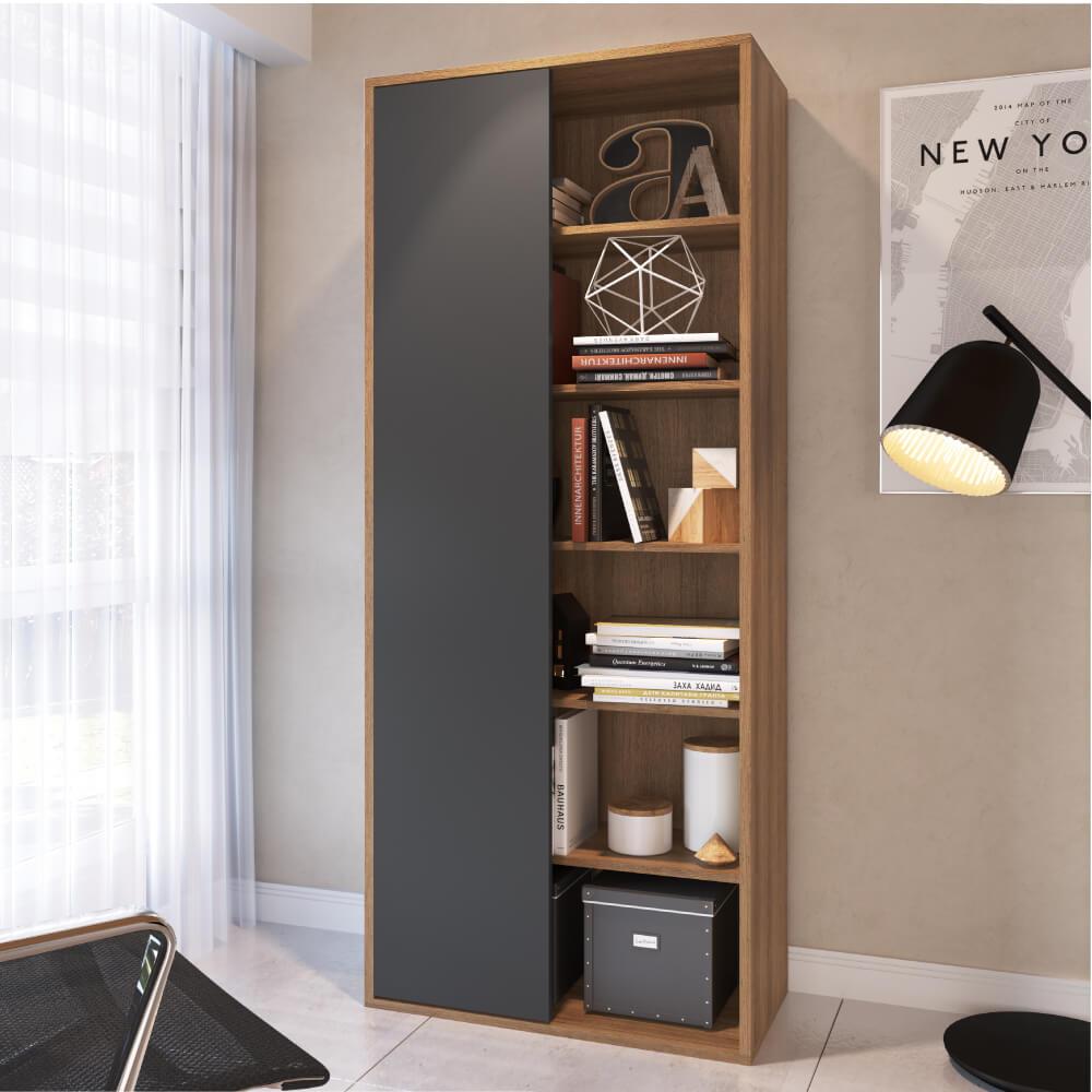 Estante Livreiro Com 1 Porta E 6 Nichos - Grafite/mel