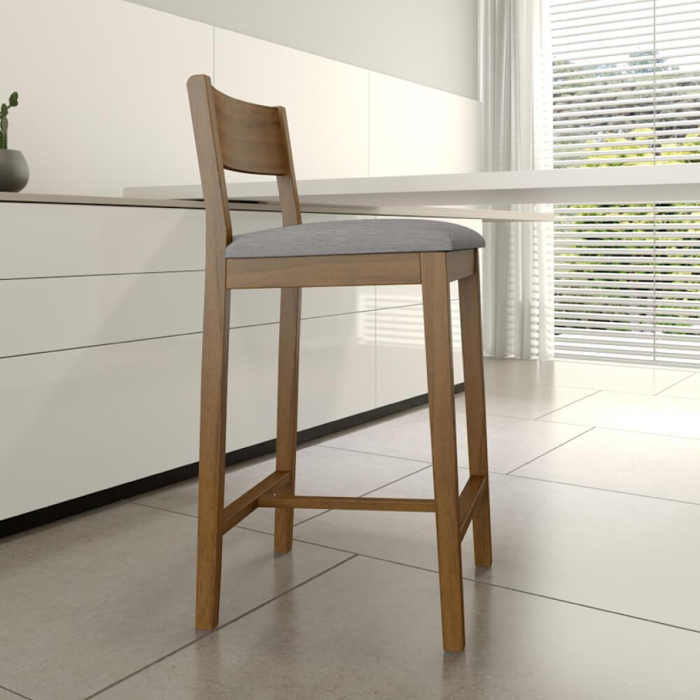 Banqueta Alta Manu Estofada Em Tecido Algodão - Nogueira/cinza Claro