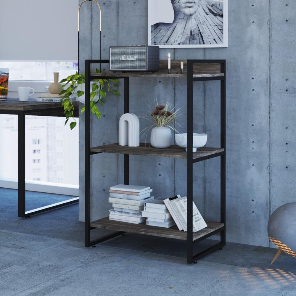 Estante Industrial Kuadra Com 2 Nichos 60 Cm - Carvalho Dark/preto