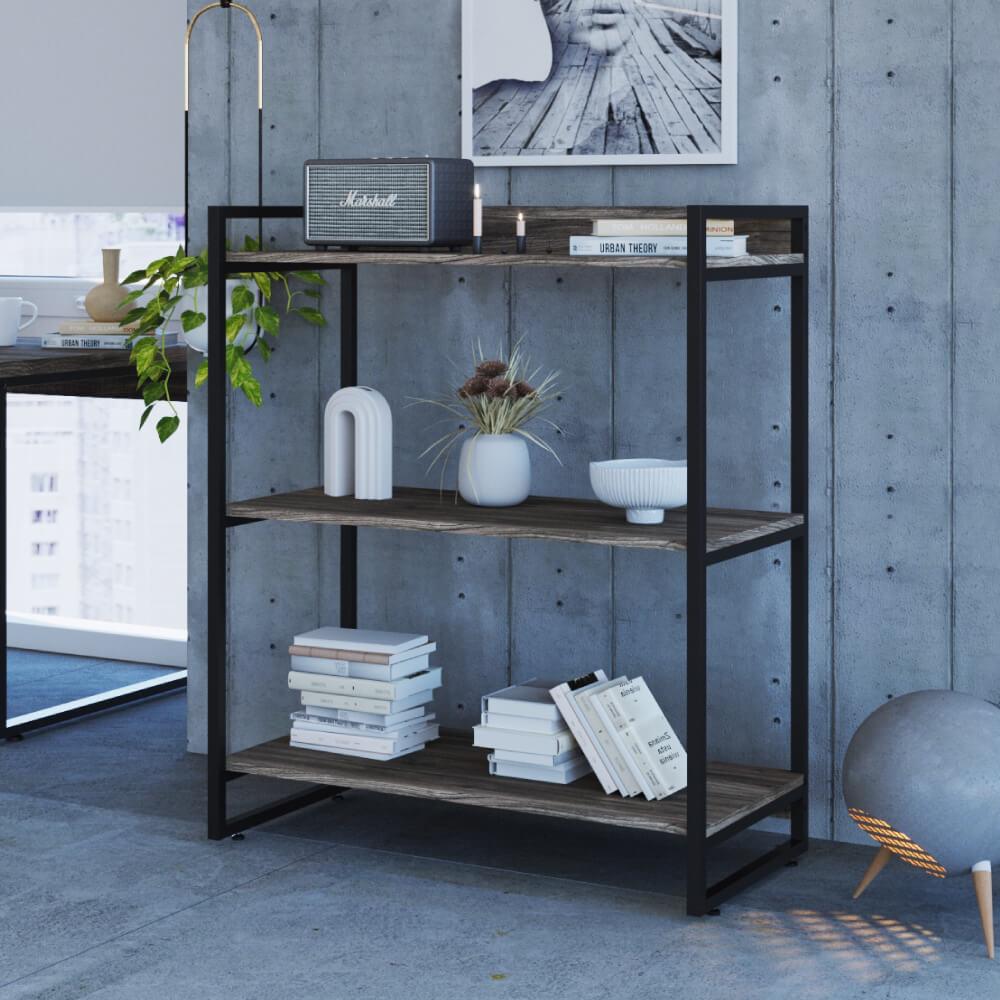 Estante Industrial Kuadra Com 2 Nichos 80 Cm - Carvalho Dark/preto