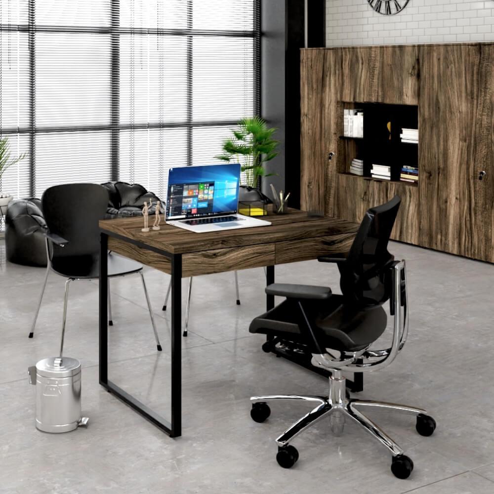 Escrivaninha Industrial Kuadra Com 2 Gavetas 90 Cm - Carvalho Dark/preto