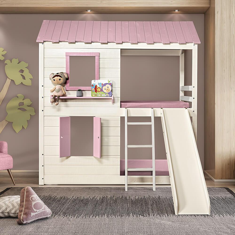 Beliche Montessoriano Club House Premium Com Escorregador E Telhado Completo Branco/rosa - Casatema