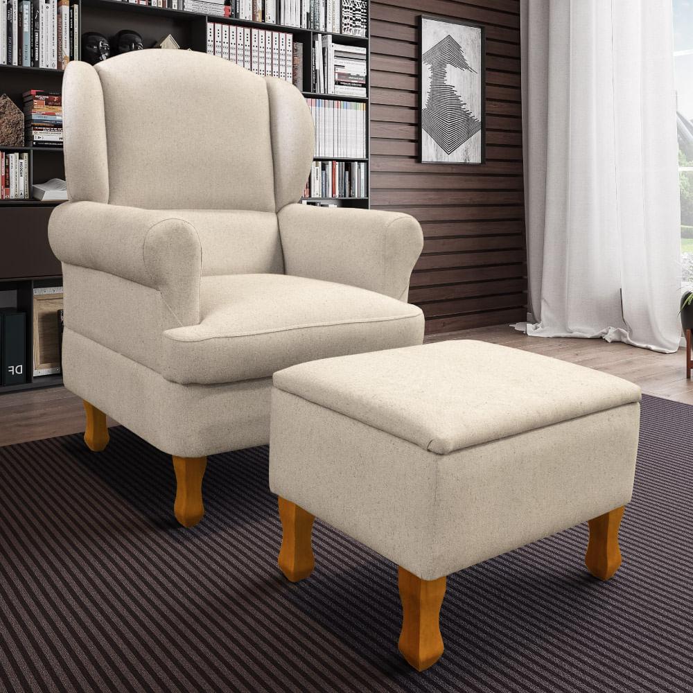 Poltrona Para Amamentação Sabrina Em Linho Com Pés Em Madeira E Puff Baú - Bege