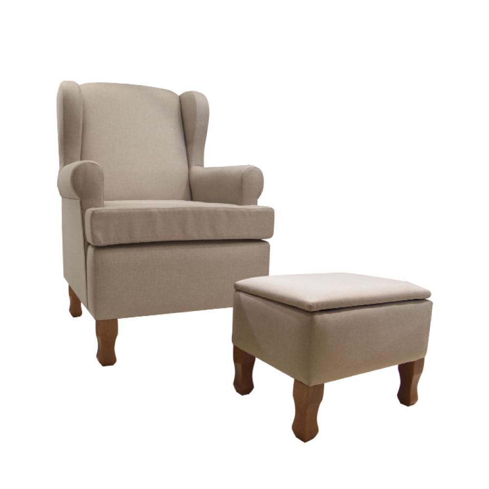 Poltrona Para Amamentação Maria Vitória Em Linho Com Pés Em Madeira E Puff Baú - Bege