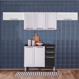 Kit Balcão Preto c/ Armário Aéreo 3 Portas Branco e 2 Armários Aéreos 1 Porta Horizontal Branco