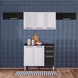 Kit Balcão Preto c/ Armário Aéreo 3 Portas Branco e 2 Armários Aéreos 1 Porta Horizontal Preto