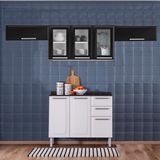 Kit Balcão Branco c/ Armário Aéreo 3 Portas 3 Vidros Preto e 2 Armários Aéreos 1 Porta Horizontal Preto