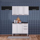 Kit Balcão Branco c/ Armário Aéreo 3 Portas Branco e 2 Armários Aéreos 1 Porta Horizontal Preto