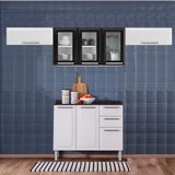 Kit Balcão Branco c/ Armário Aéreo 3 Portas 3 Vidros Preto e 2 Armários Aéreos 1 Porta Horizontal Branco