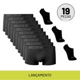 Kit Com 10 Cuecas Boxer Casual Preta + 3 Pares De Meias Cano Curto Preto 39/44  - Polo Match M