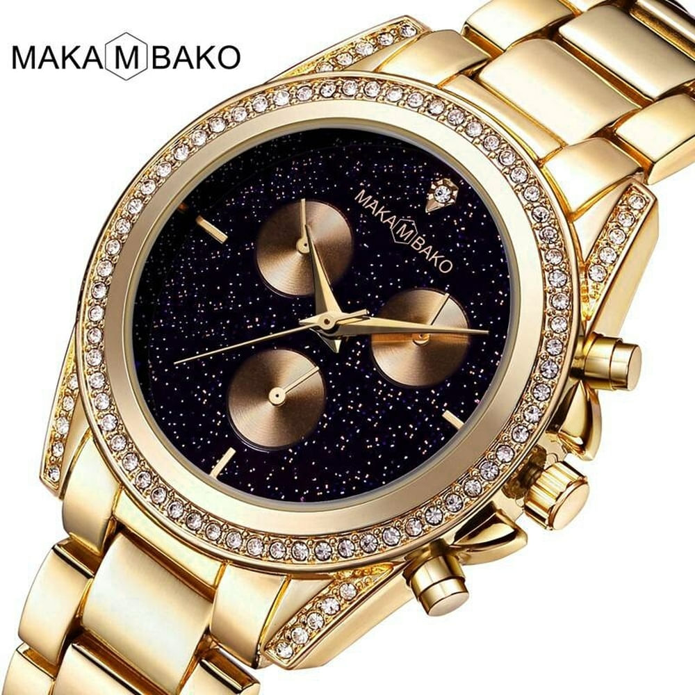 Relógio Feminino De Luxo Aço Inoxidável Va Va Voom Mk-514 À Prova D'água Ouro