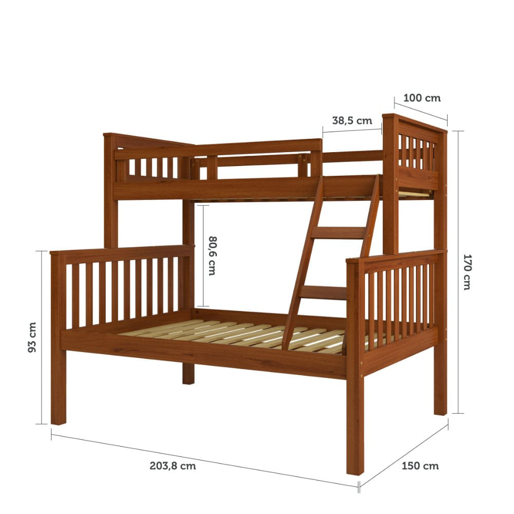 Beliche com Cama de Casal Madeira Maciça Saraiva Castanho Claro