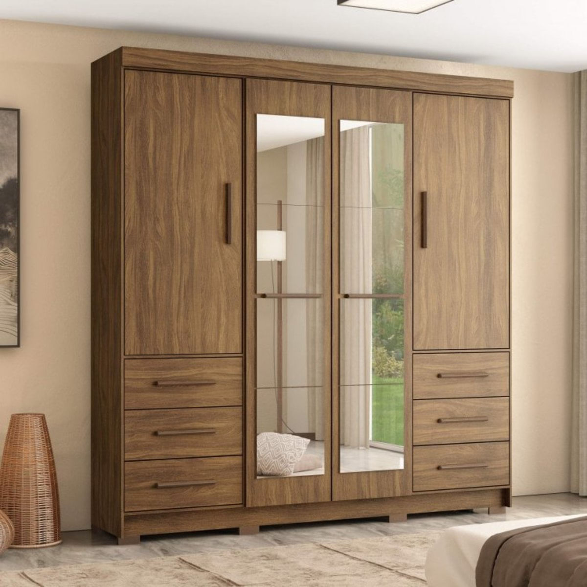 Guarda Roupa Casal com Espelhos 4 Portas 6 Gavetas Estrela Mapi Móveis Nogueira