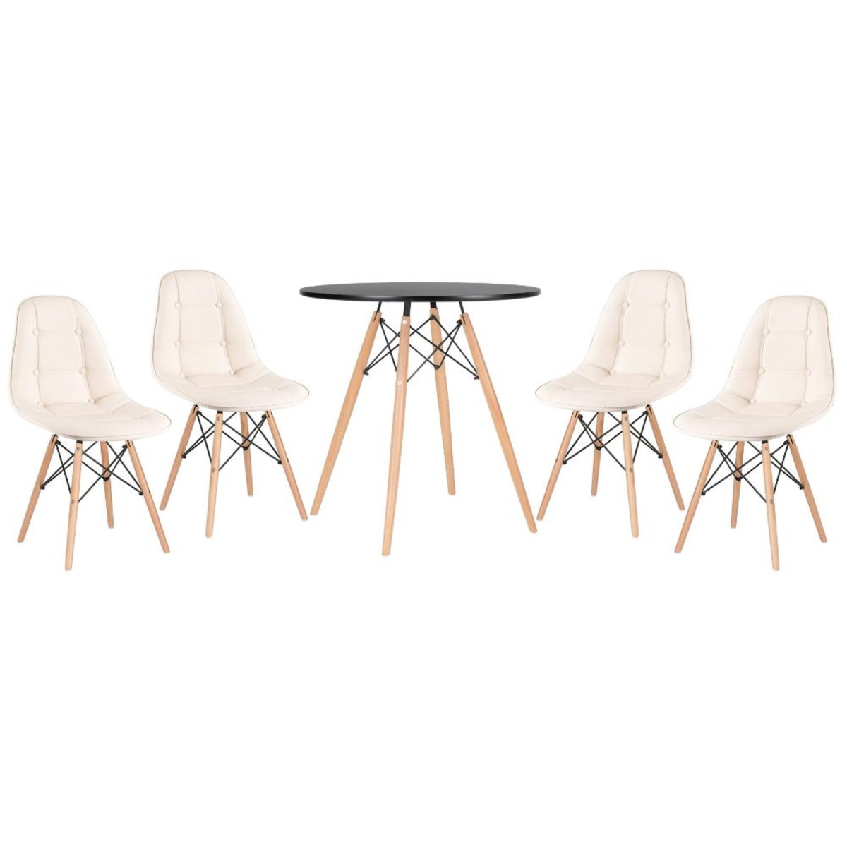 Kit - Mesa Eames 70 cm preto + 4 cadeiras estofadas Botonê creme