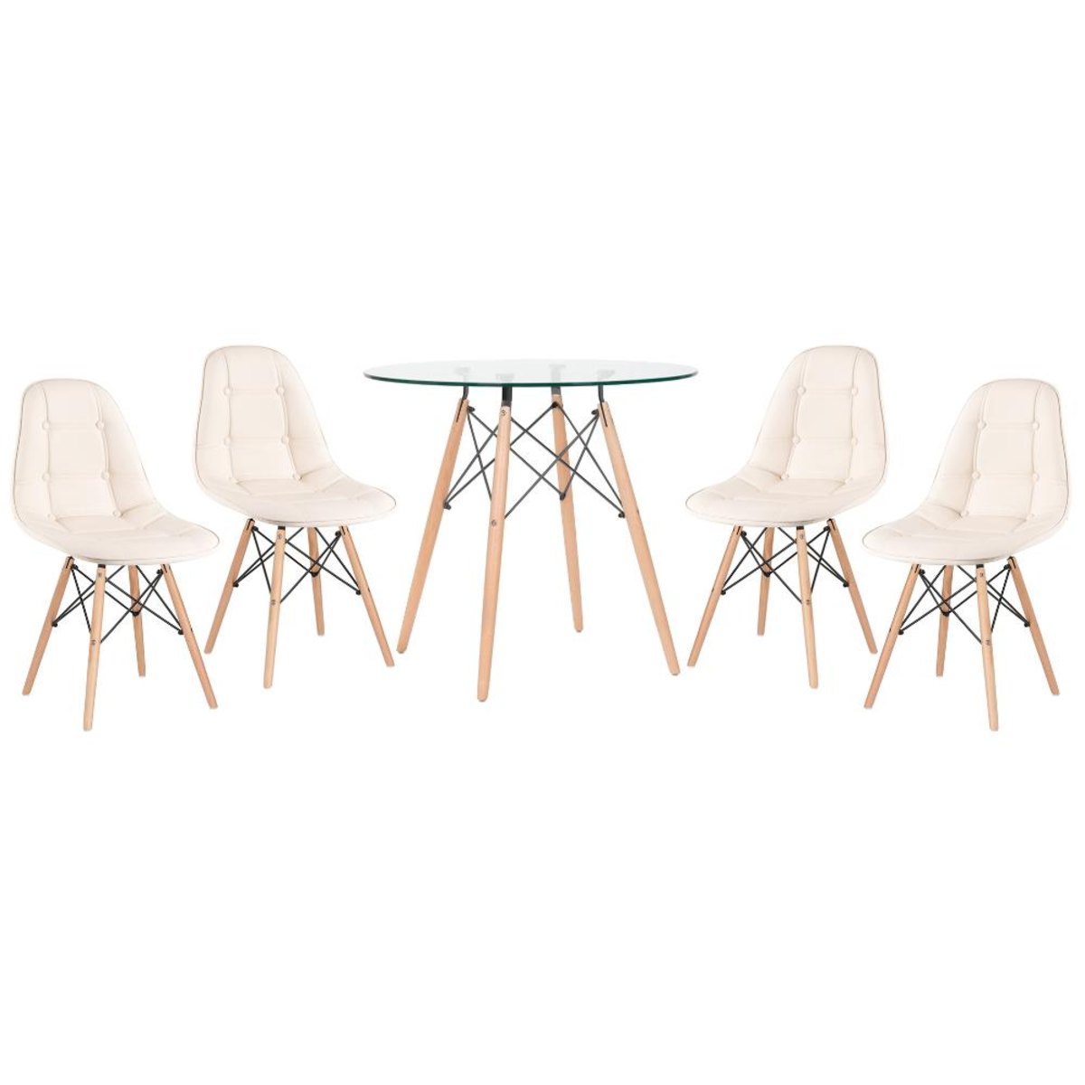 Kit - Mesa de vidro Eames 80 cm + 4 cadeiras estofadas Eiffel Botonê creme