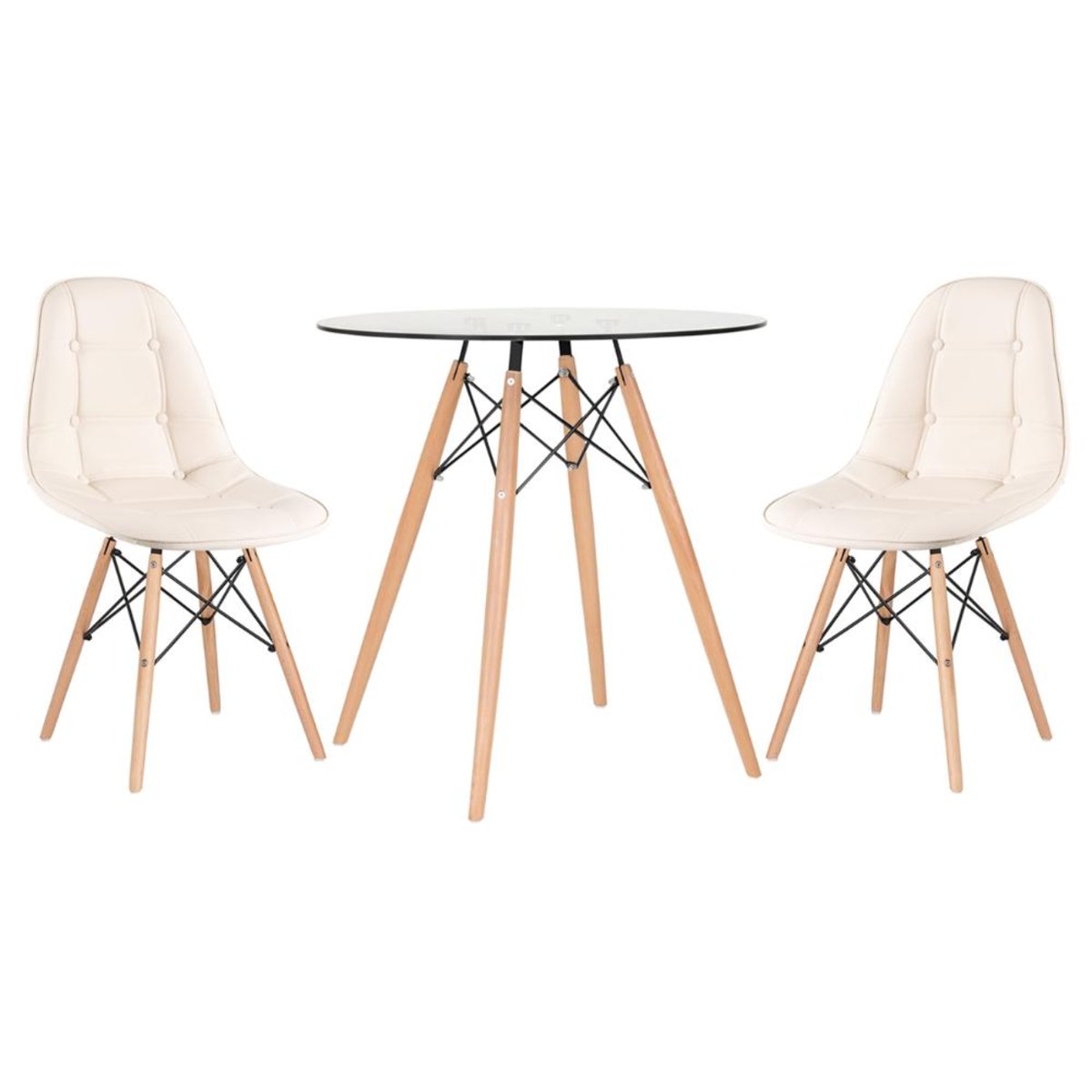 Kit - Mesa de vidro Eames 70 cm + 2 cadeiras estofadas Eiffel Botonê creme