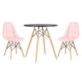 Kit - Mesa Eames 70 cm preto + 2 cadeiras estofadas Botonê rosa