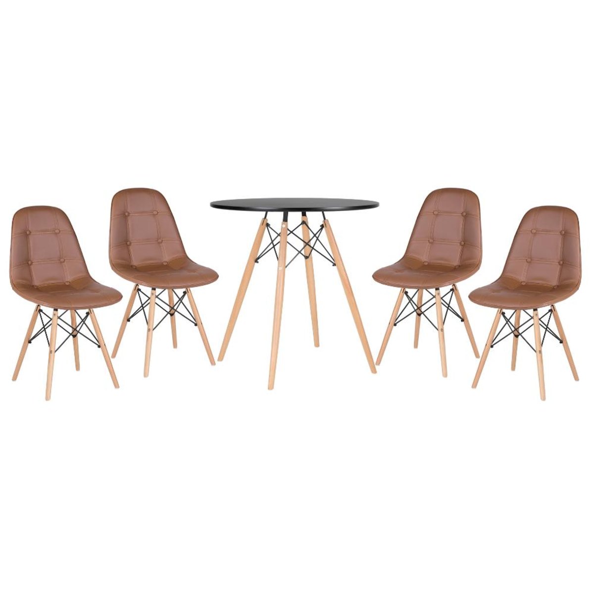 Kit - Mesa Eames 70 cm preto + 4 cadeiras estofadas Botonê marrom