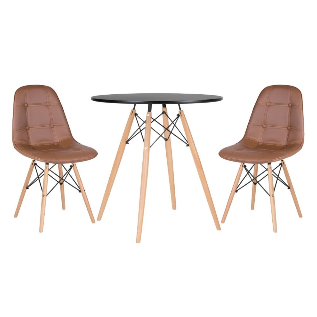 Kit - Mesa Eames 70 cm preto + 2 cadeiras estofadas Botonê marrom