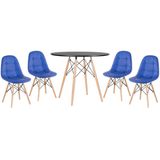 Kit - Mesa Eames Eiffel 90 cm preto + 4 cadeiras estofadas Botonê azul