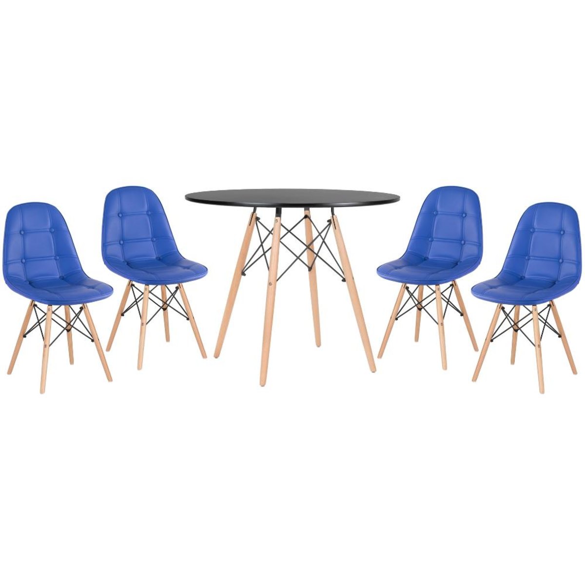 Kit - Mesa Eames Eiffel 90 cm preto + 4 cadeiras estofadas Botonê azul