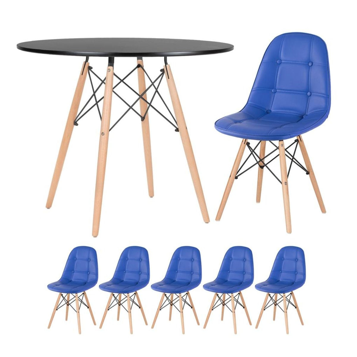 Kit - Mesa Eames 90 cm preto + 5 cadeiras estofadas Eiffel Botonê azul