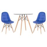 Kit - Mesa de vidro Eames 70 cm + 2 cadeiras estofadas Eiffel Botonê azul