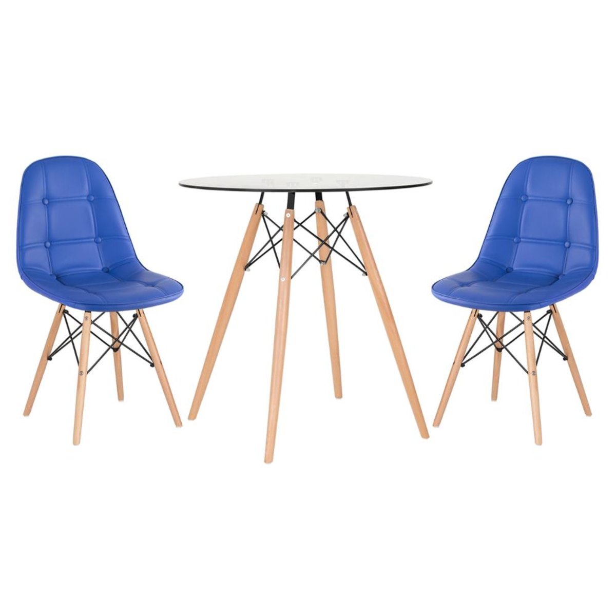 Kit - Mesa de vidro Eames 70 cm + 2 cadeiras estofadas Eiffel Botonê azul