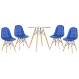 Kit - Mesa de vidro Eames 70 cm + 4 cadeiras estofadas Eiffel Botonê azul